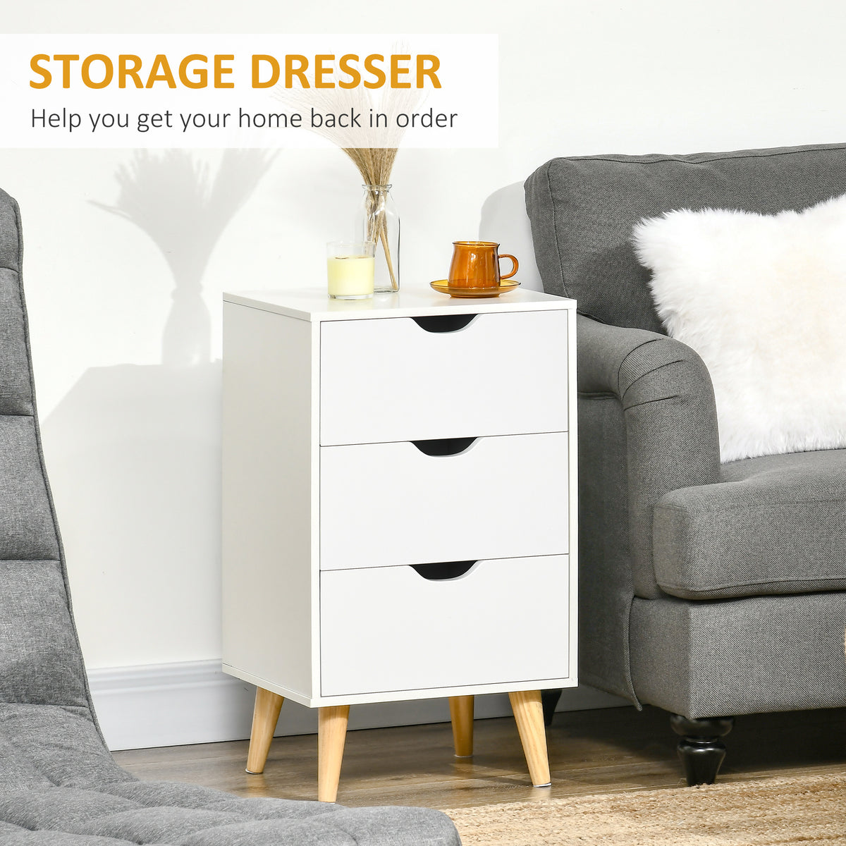3-Drawer Nightstand with Wood Legs – 16"W x 27"H