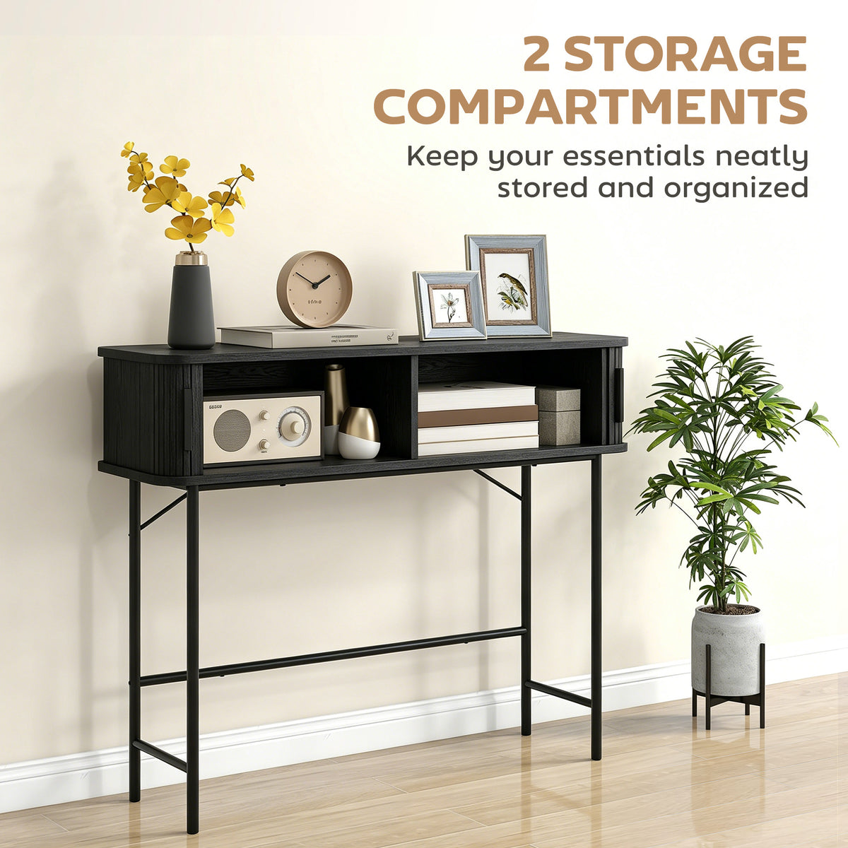 Mid-Century Entryway Console Table with Storage Compartments, Black
