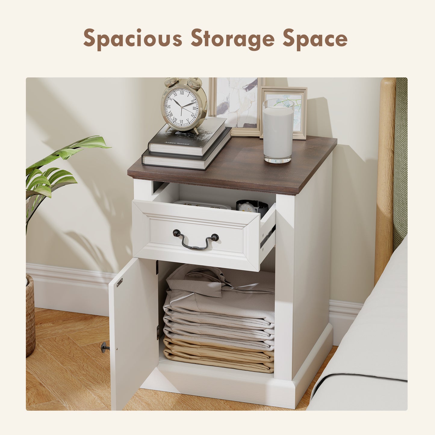 Set of 2 HOMCOM Farmhouse White Nightstands with Drawer and Cabinet