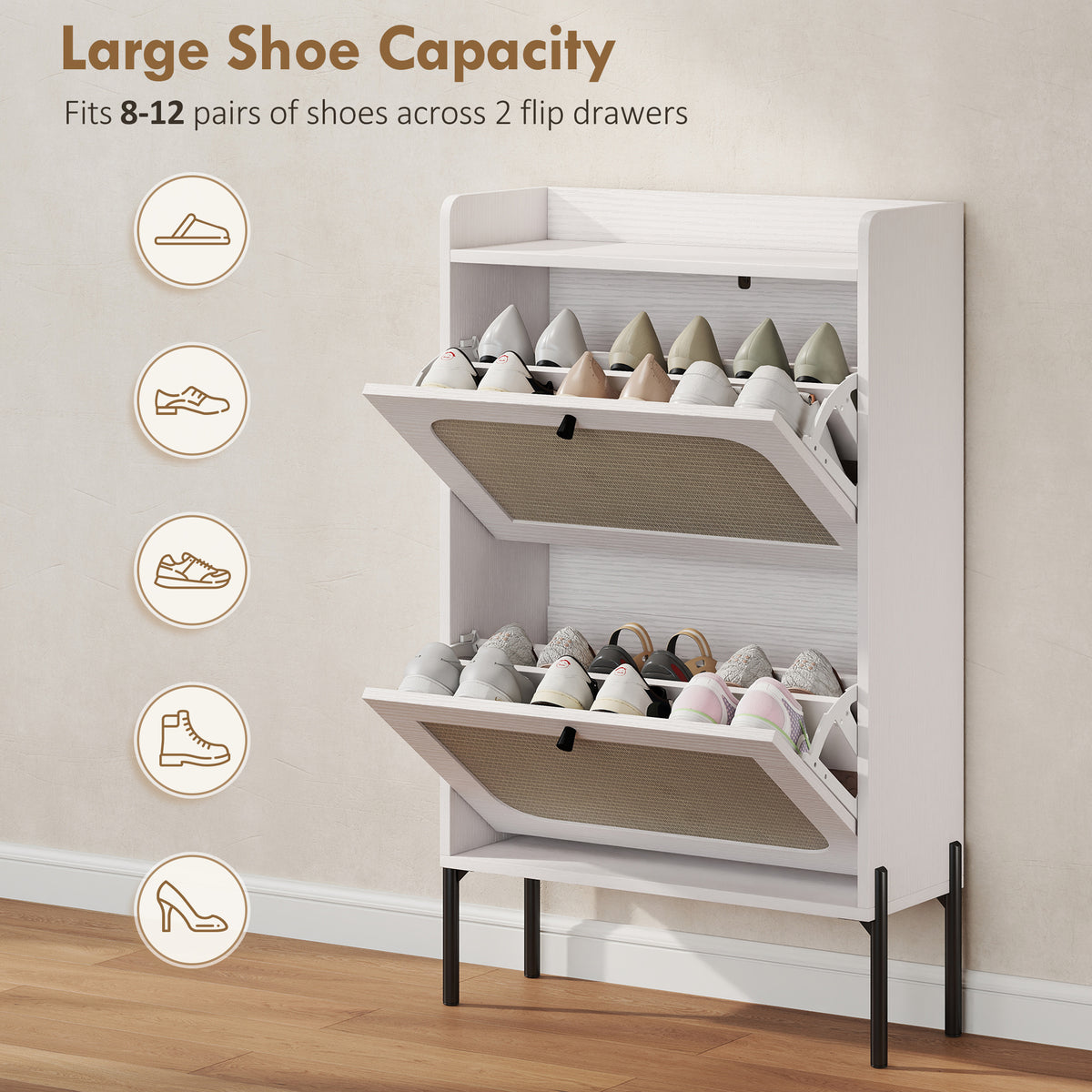 Shoe Cabinet with 2 Flip Drawers – 24"W x 39"H