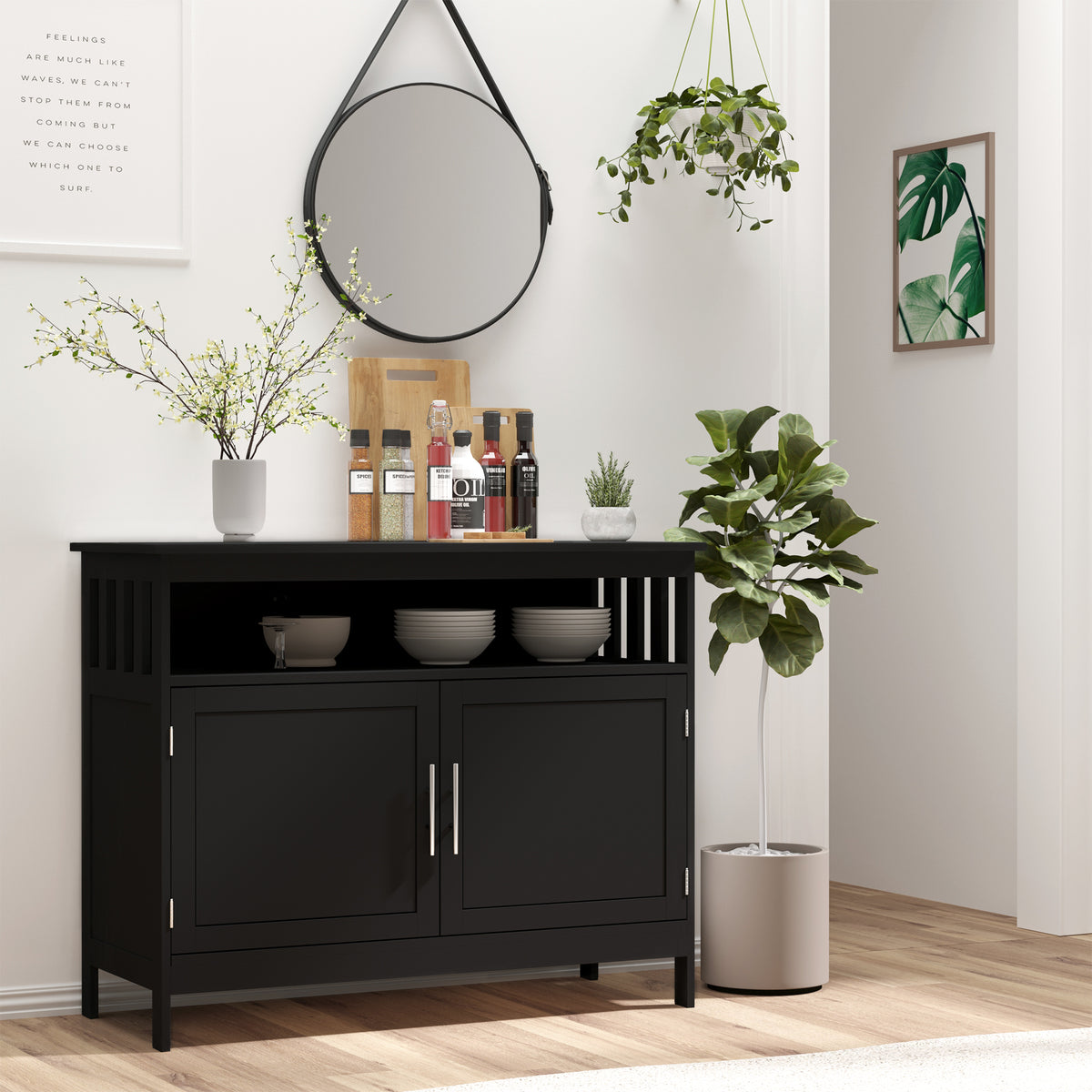 Kitchen Sideboard with 2-Level Cabinet and Open Shelf – 39"W x 32"H