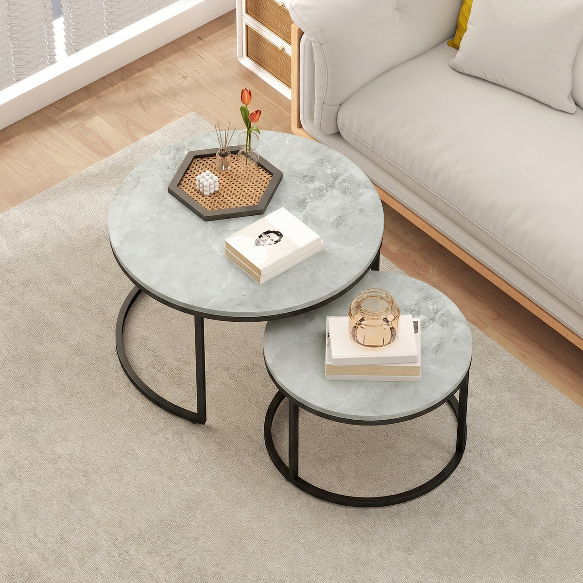 Round Nesting Coffee Table Set of 2, Marble-Effect Top, Metal Base, Grey