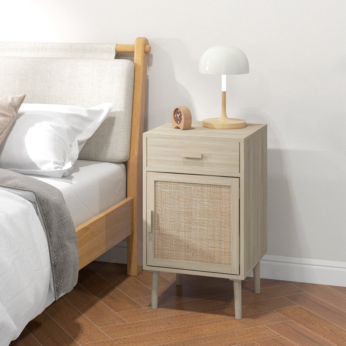 Boho Rattan Bedside Tables Set of 2 with Drawer, Adjustable Shelf, Oak Finish