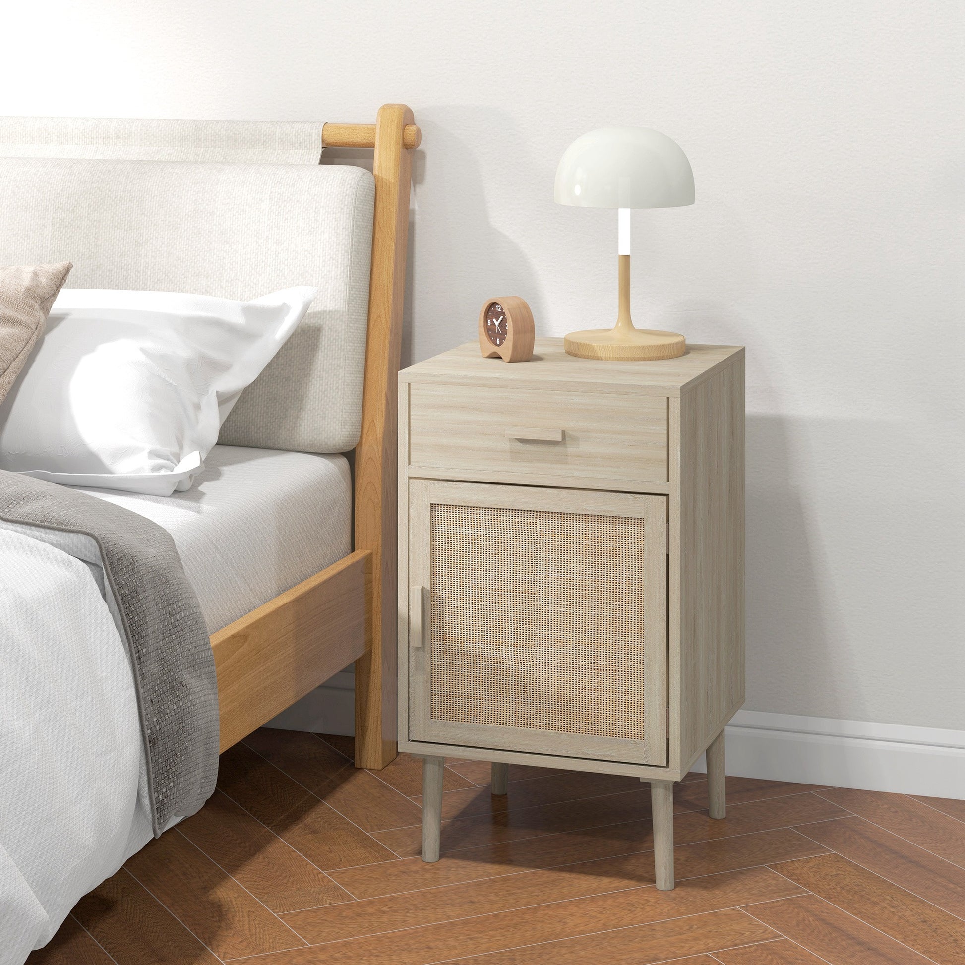 Boho Rattan Bedside Tables Set of 2 with Drawer, Adjustable Shelf, Oak Finish