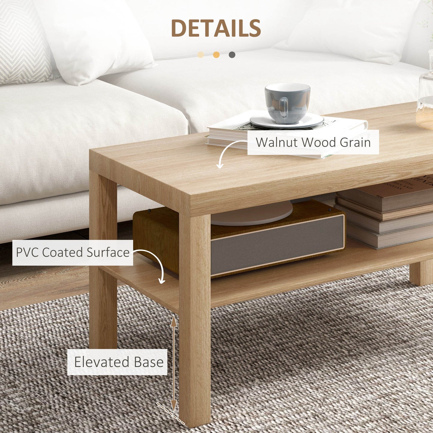 HOMCOM 2-Tier Rectangular Coffee Table with Storage Shelf, Natural Wood Finish