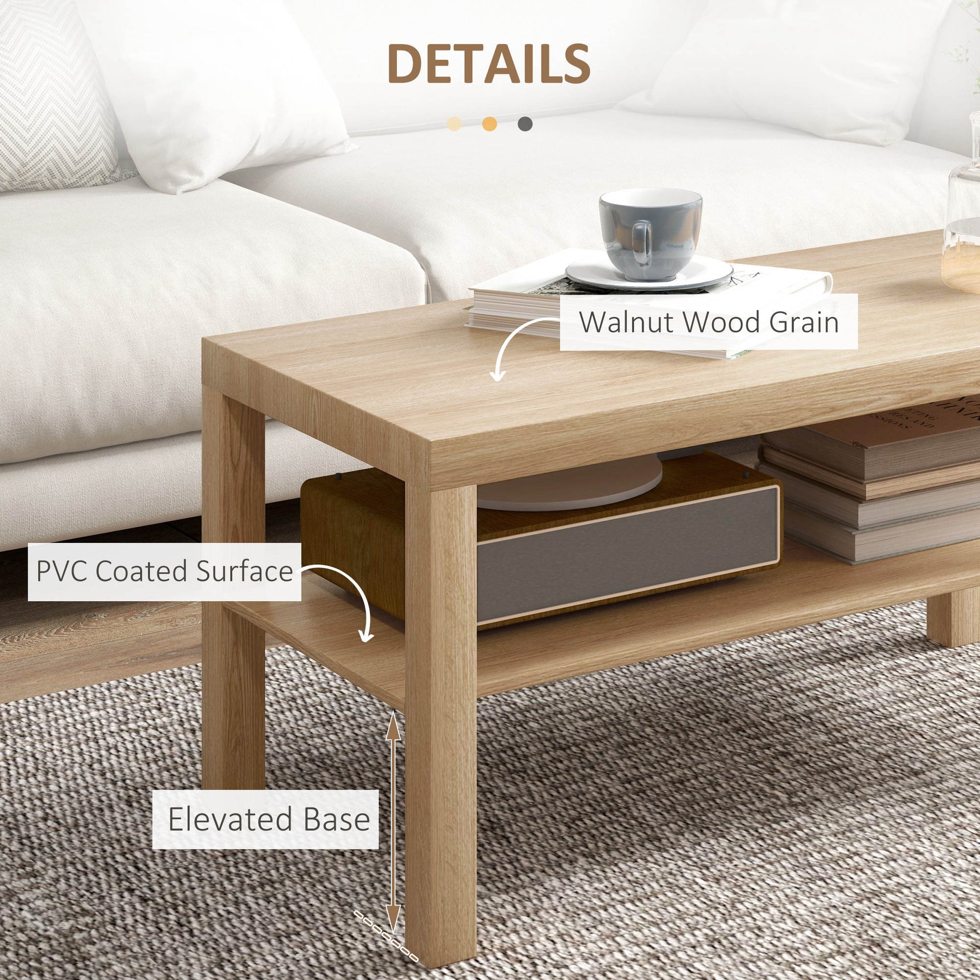 HOMCOM 2-Tier Rectangular Coffee Table with Storage Shelf, Natural Wood Finish