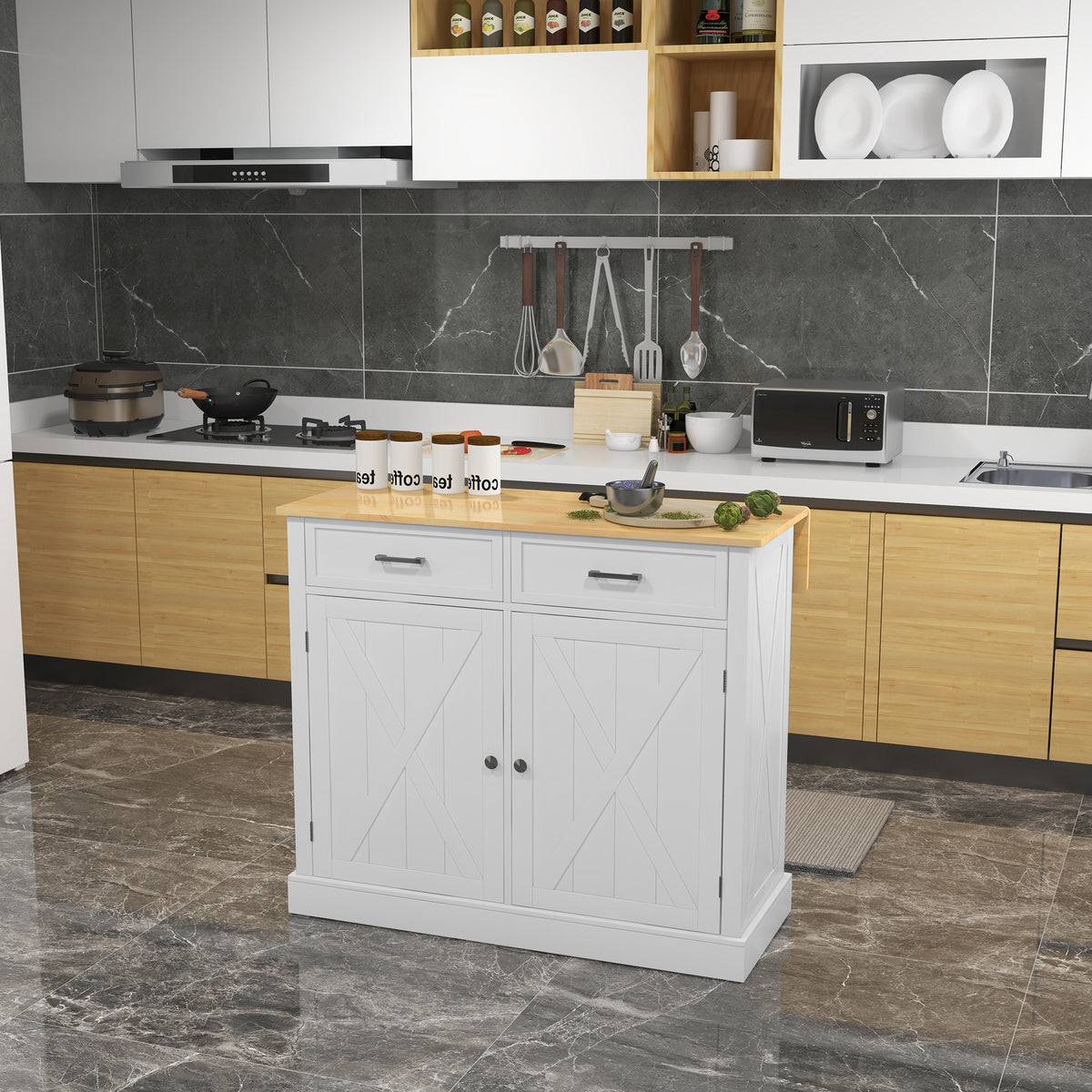 Rolling Kitchen Island with Drop Leaf Wood Breakfast Bar – 41"W x 36"H