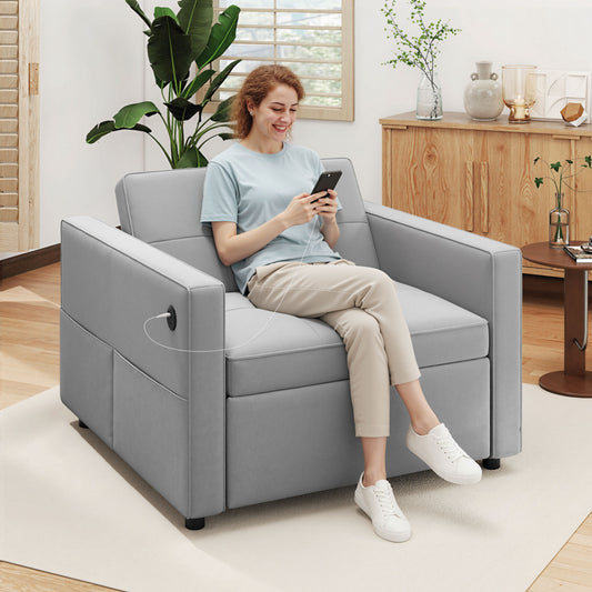 Velvet Pull-Out Sleeper Chair with USB