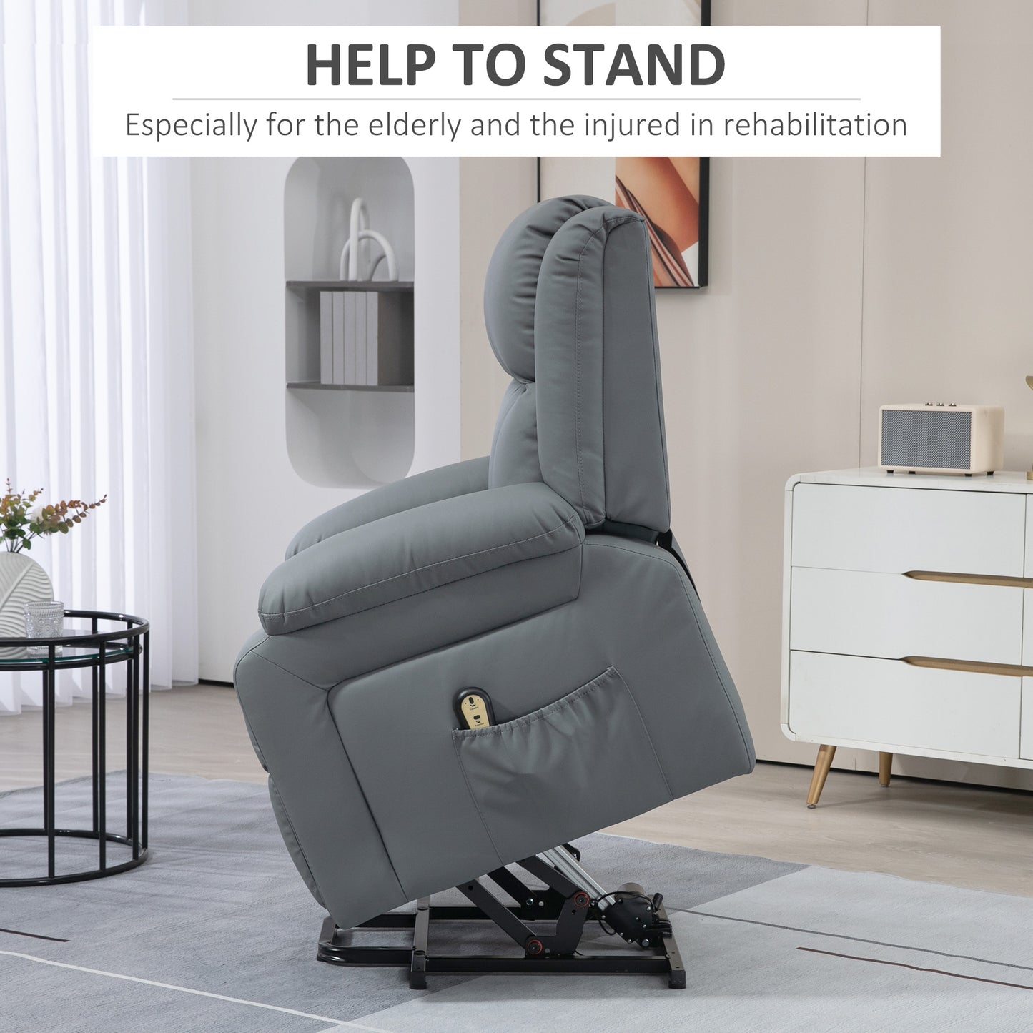 HOMCOM Electric Power Lift Recliner Chair, PU Leather, Remote, Side Pockets, Grey