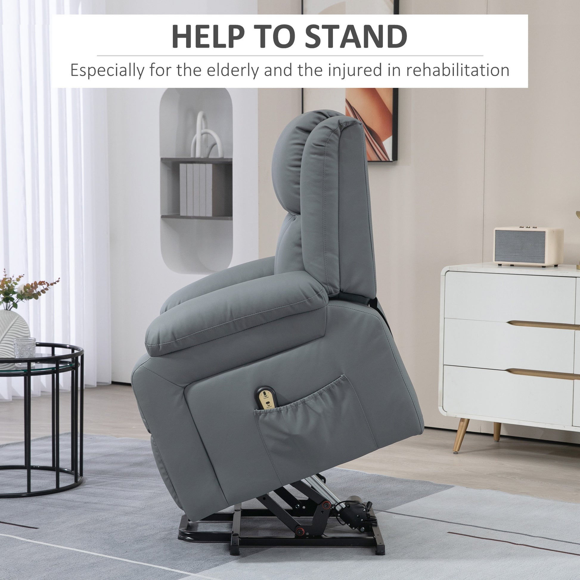 HOMCOM Electric Power Lift Recliner Chair, PU Leather, Remote, Side Pockets, Grey