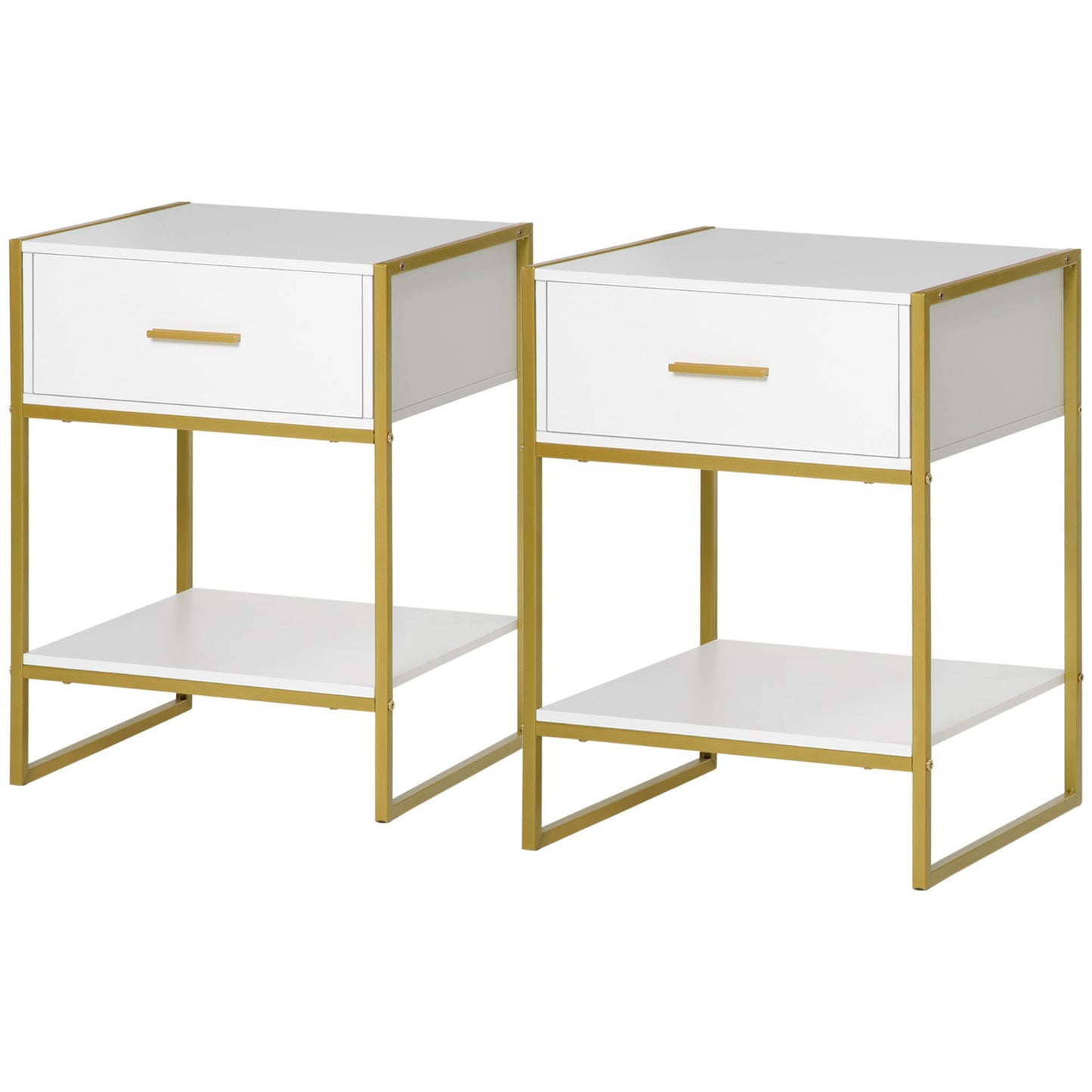 HOMCOM Modern White Gold Nightstand Set with Drawer & Storage Shelf