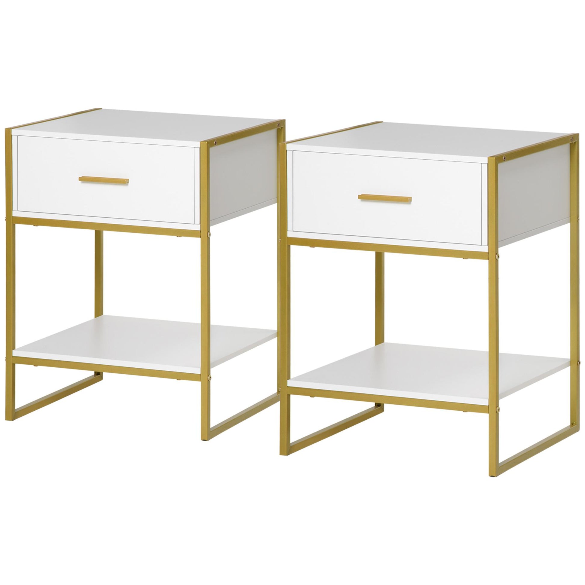 HOMCOM Modern White Gold Nightstand Set with Drawer & Storage Shelf