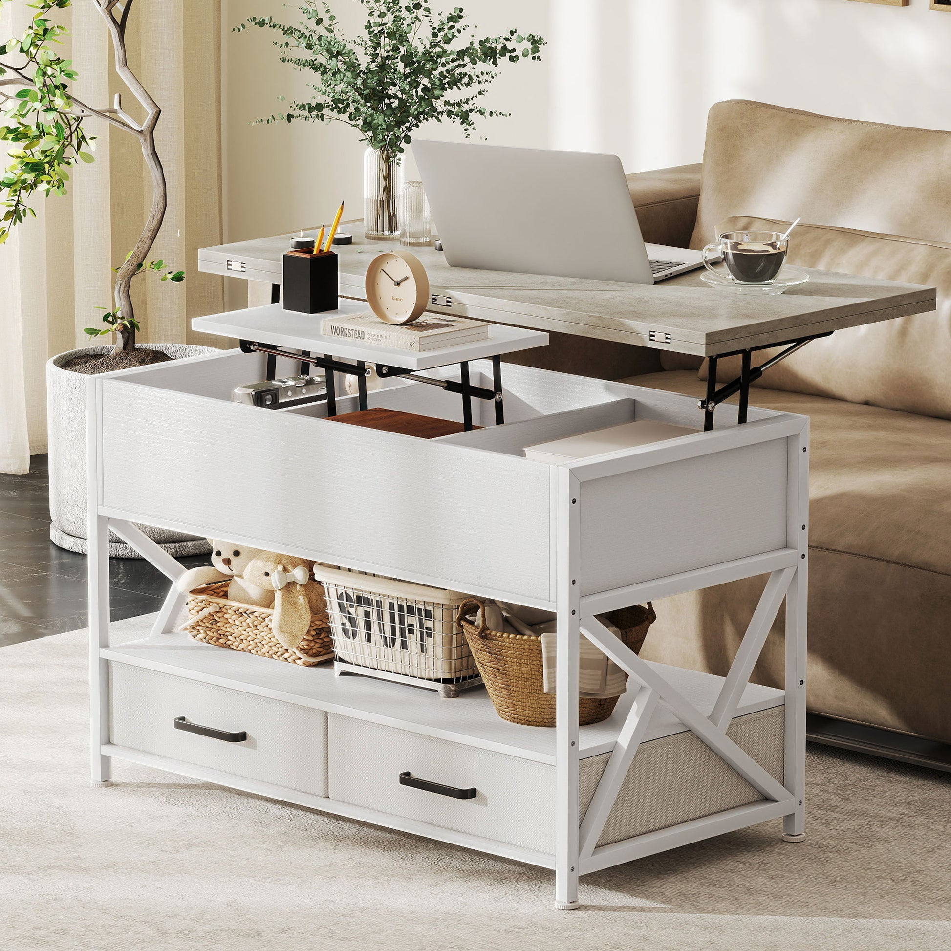 HOMCOM Modern Lift-Top Coffee Table with Fabric Drawers and Hidden Storage