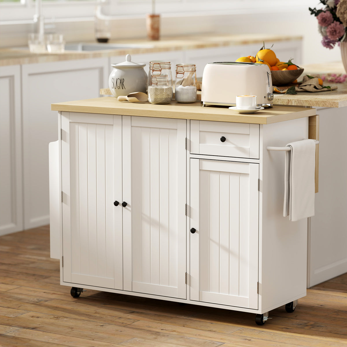 Rolling Kitchen Island Table with Drop Leaf – 49"W x 36"H