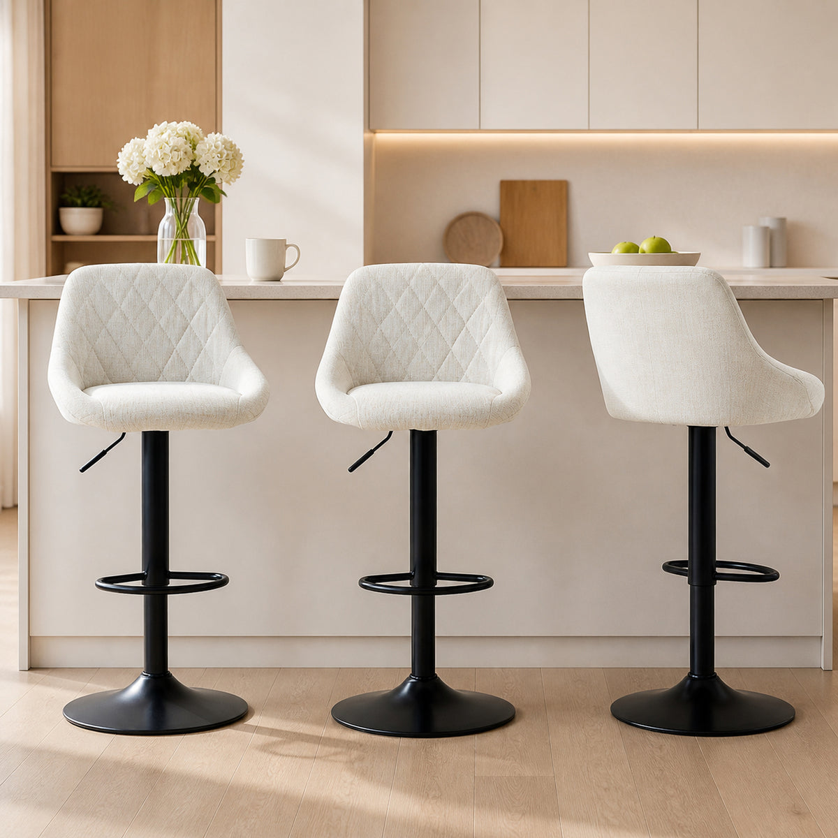 Linen-Look Swivel Counter Stools with Back, Set of 3, Cream White