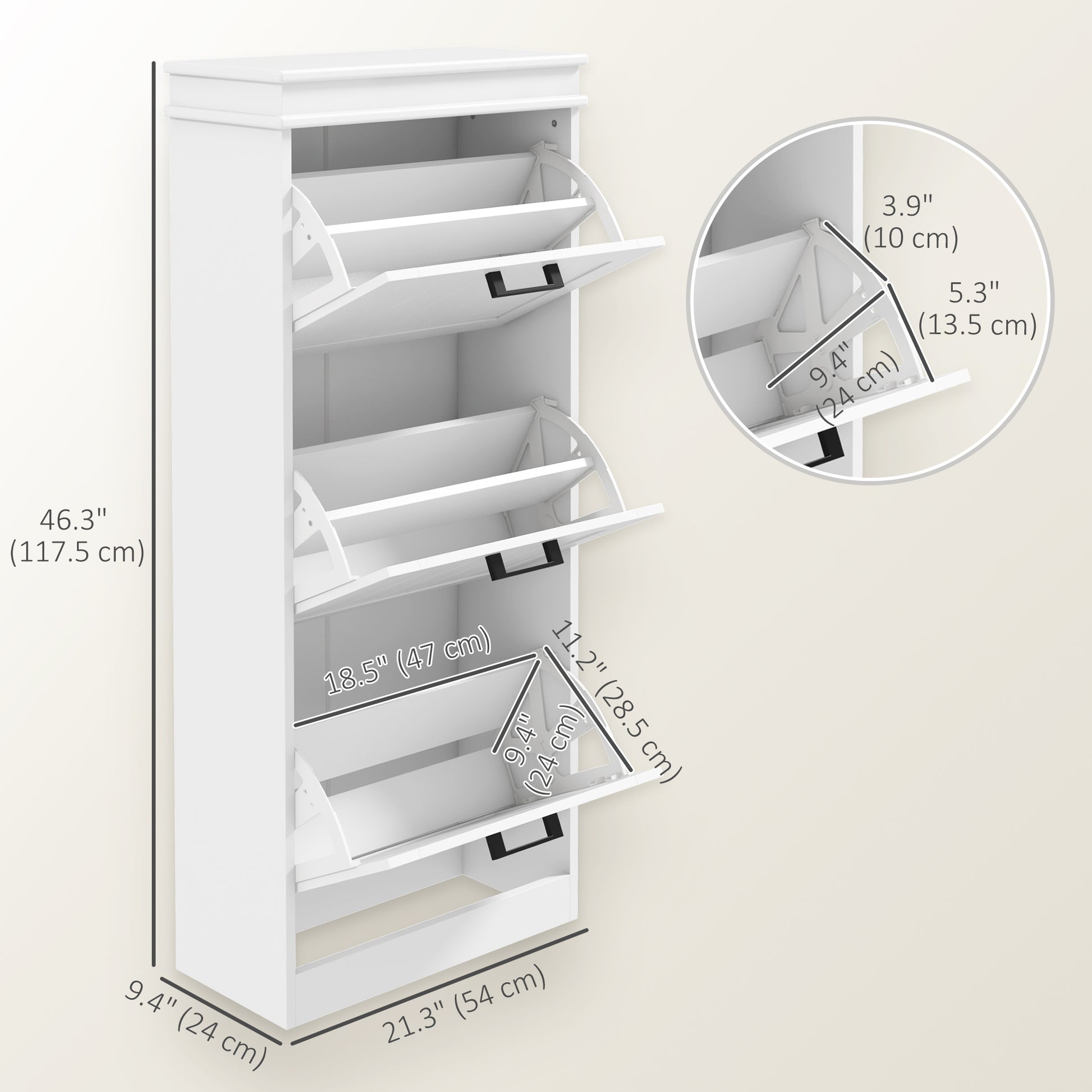 HOMCOM Slim 15-Pair Shoe Storage Cabinet, 3 Flip Drawers, Adjustable Shelves, White