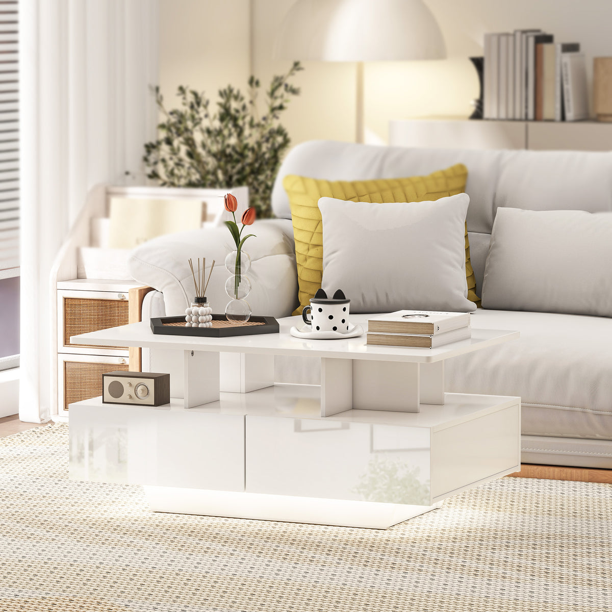 RGB LED Coffee Table with 4 Drawers and Open Shelf, High Gloss White