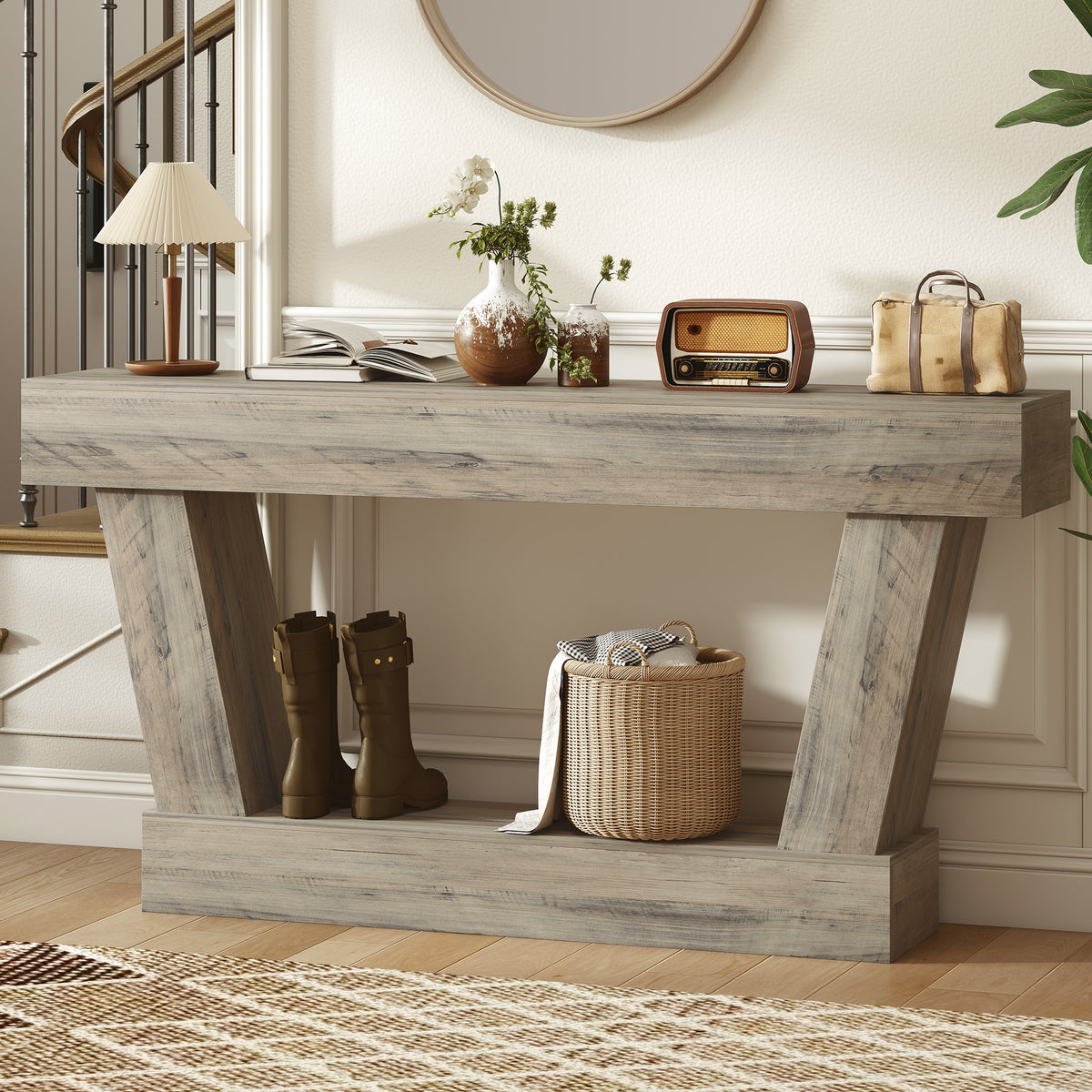 63" Vintage Console Table with Open Shelf, Light Brown
