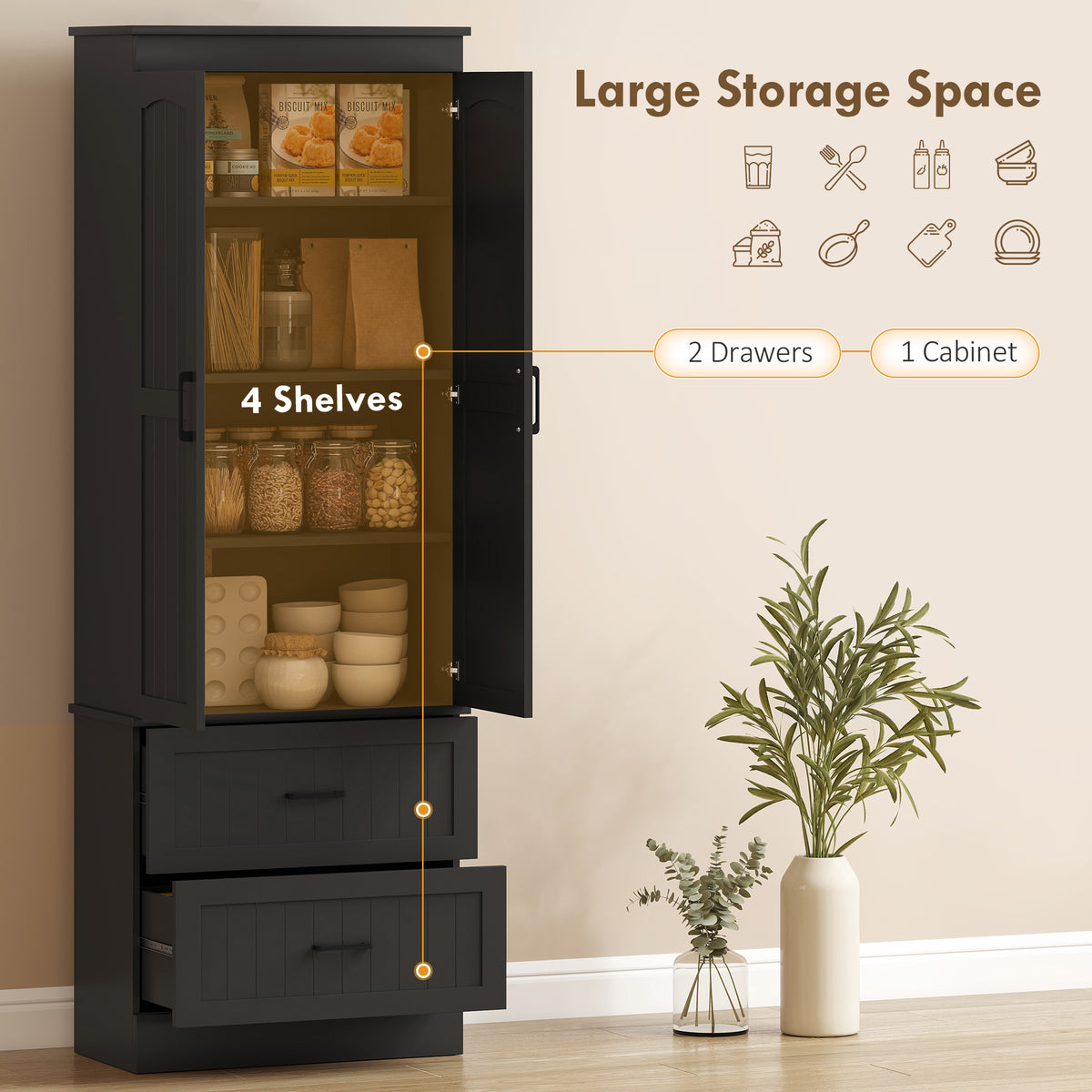 Kitchen Storage Cabinet with Adjustable Shelves and 2 Drawers – 24"W x 67"H