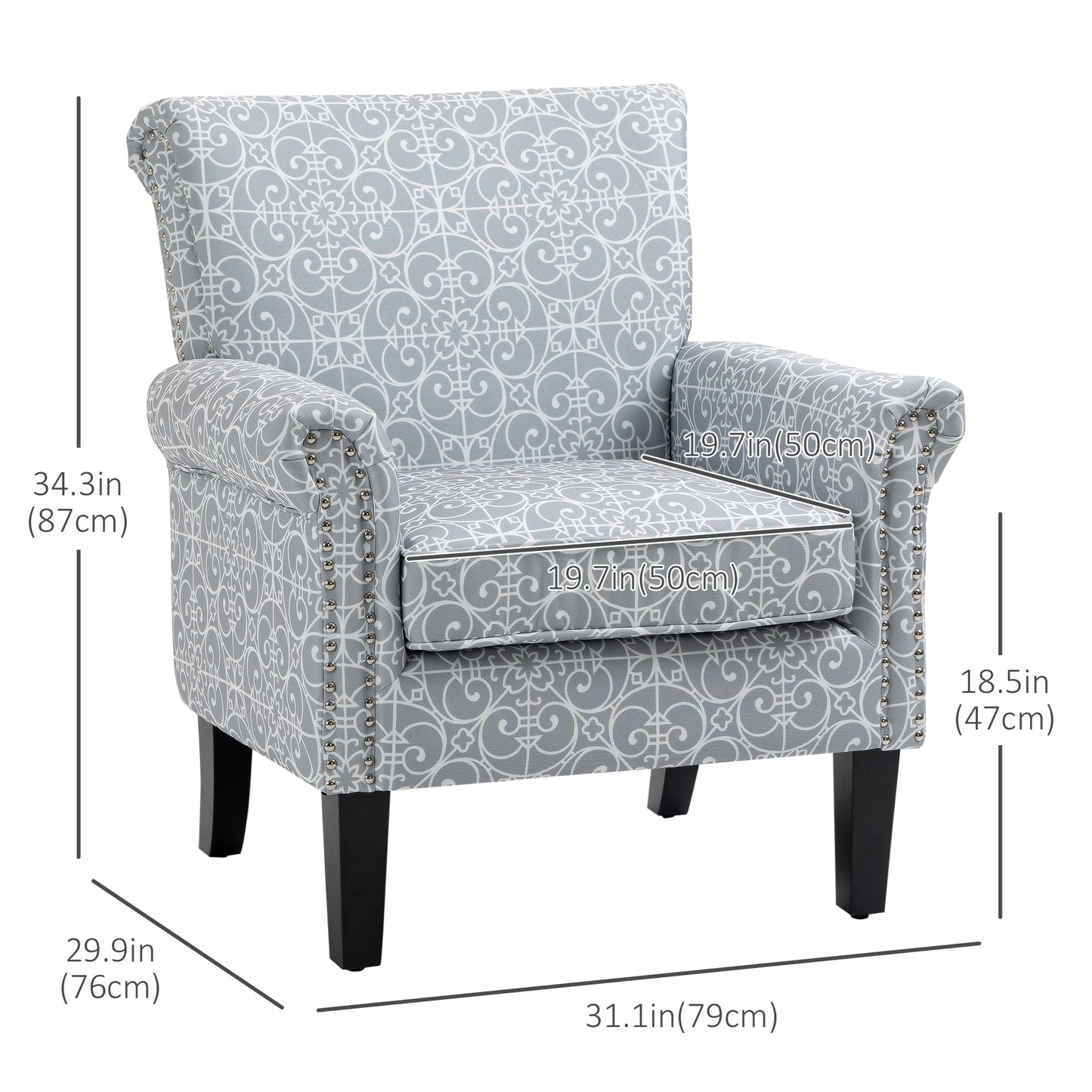 HOMCOM Modern Grey Linen Accent Chair, Rolled Arms, Nailhead Trim, Rubberwood Legs