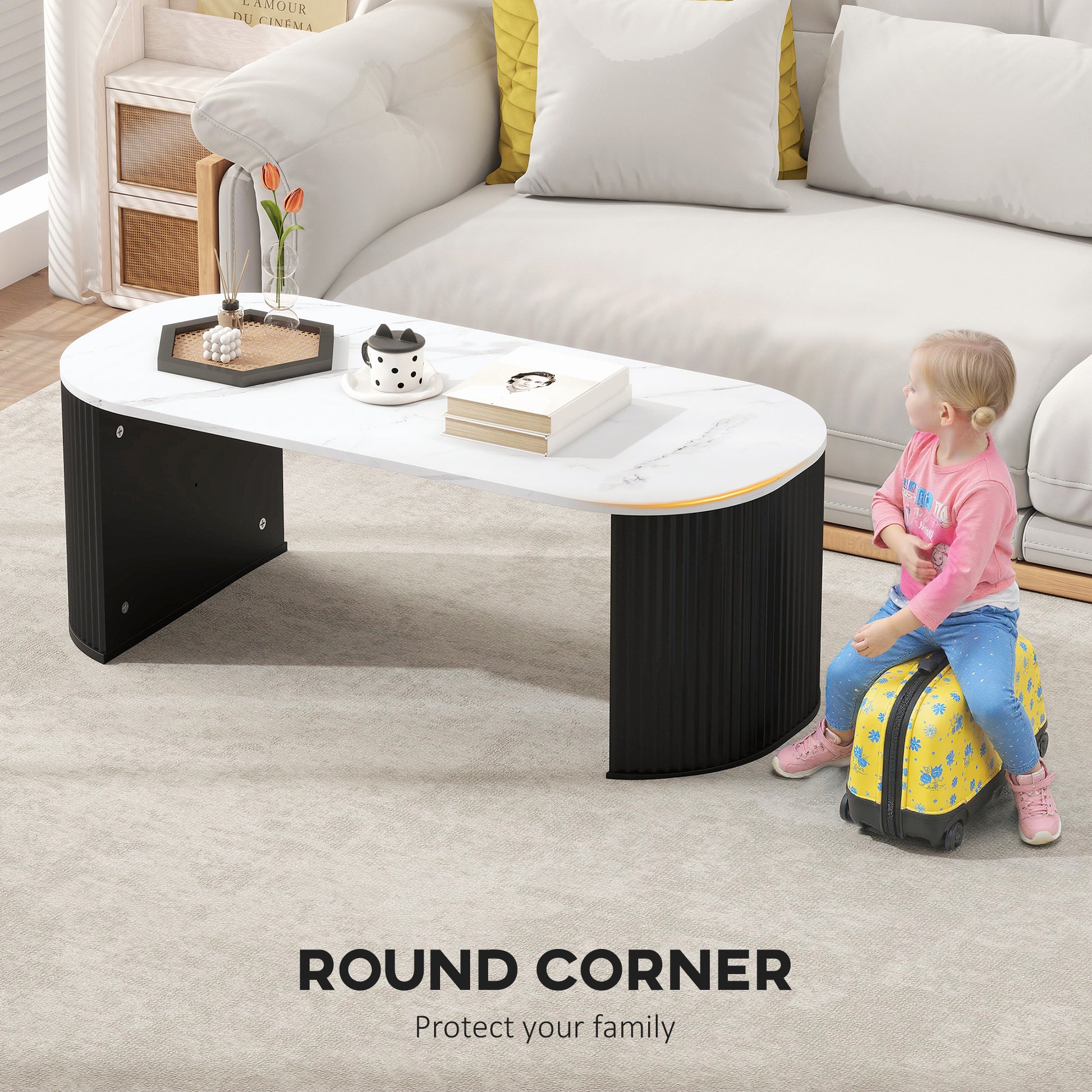 HOMCOM Modern Marble-Effect Coffee Table, Rounded Corners, Thick Black Legs