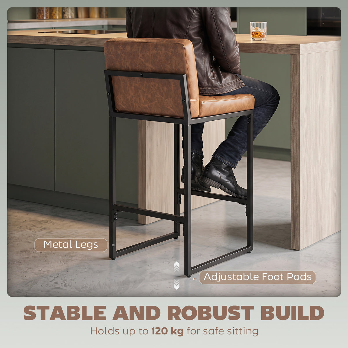 Retro Padded PU Leather Counter Stools with Back and Metal Legs, Set of 2, Brown
