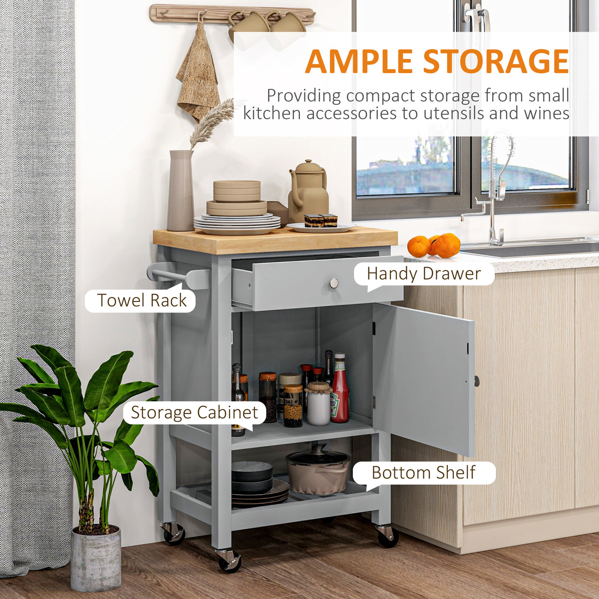 Rolling Kitchen Cart with Wood Top – 25"W x 35"H