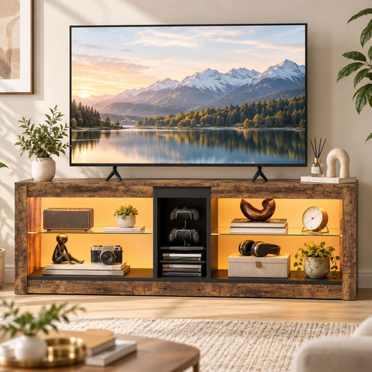 TV Stand Cabinet with LED Lights and Remote Control for TVs up to 65" with Storage – 55" Wide