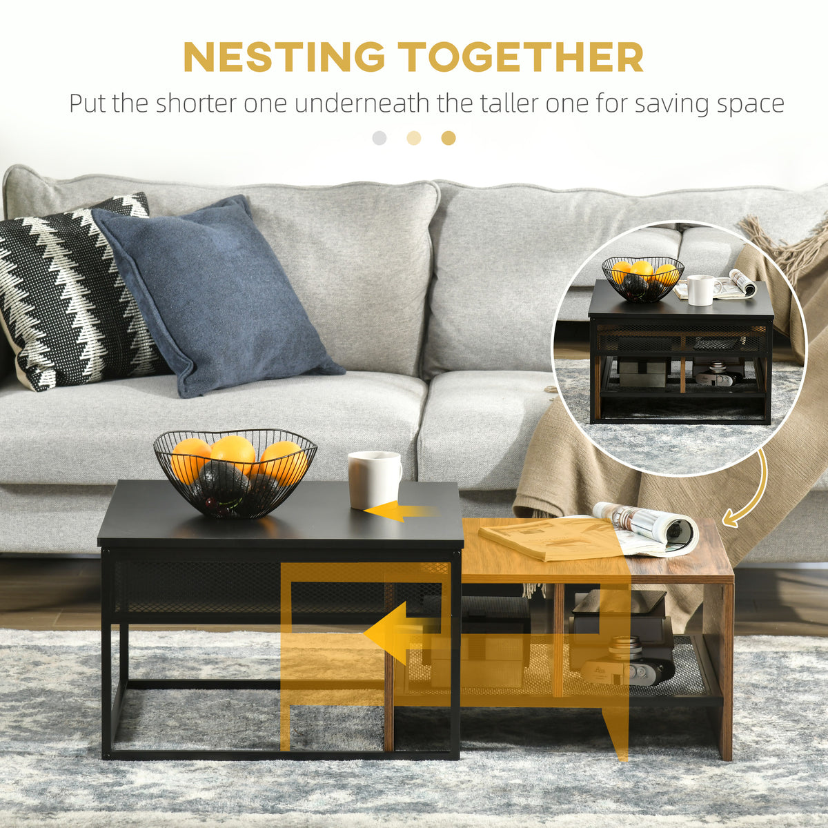 Industrial Nesting Coffee Table Set of 2 with Mesh Shelves, Rustic Brown