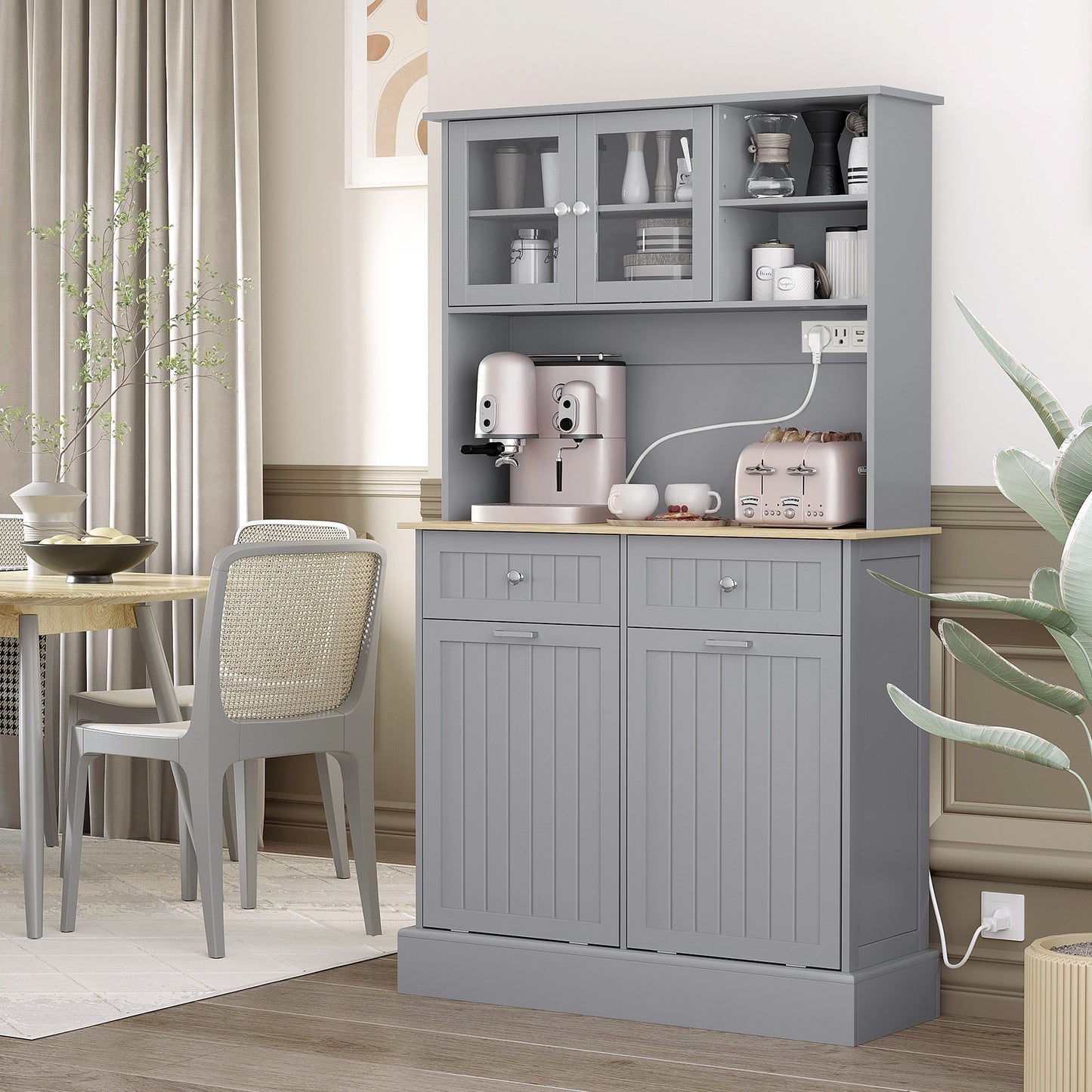 HOMCOM Kitchen Cabinet with Charging Station Freestanding Grey