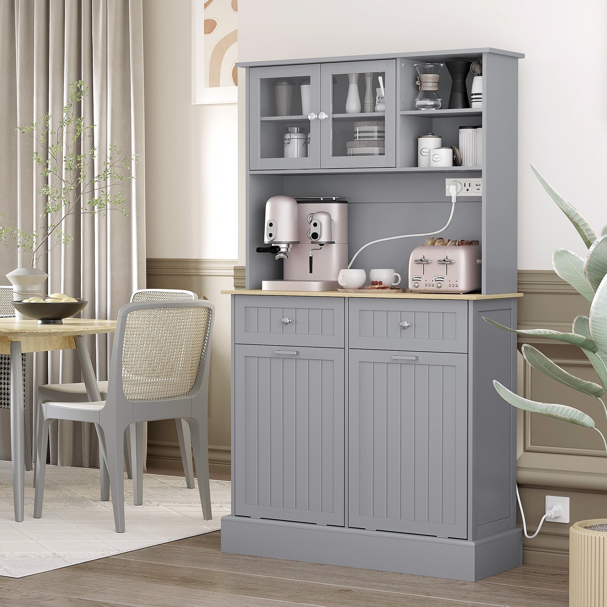 HOMCOM Kitchen Cabinet with Charging Station Freestanding Grey