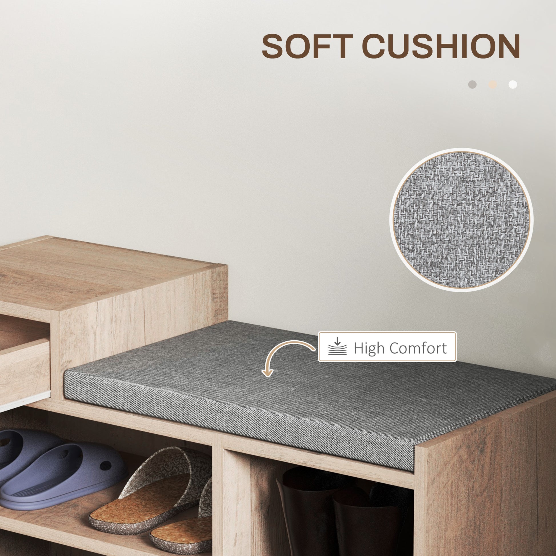 HOMCOM Grey Upholstered Entryway Shoe Storage Bench with Padded Seat and Shelves