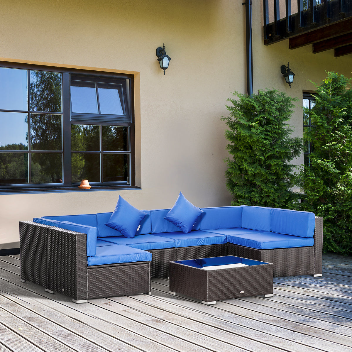 7 Pieces Outdoor Rattan Furniture Set, Patio Wicker Sectional Conversation Sofa Set – Blue