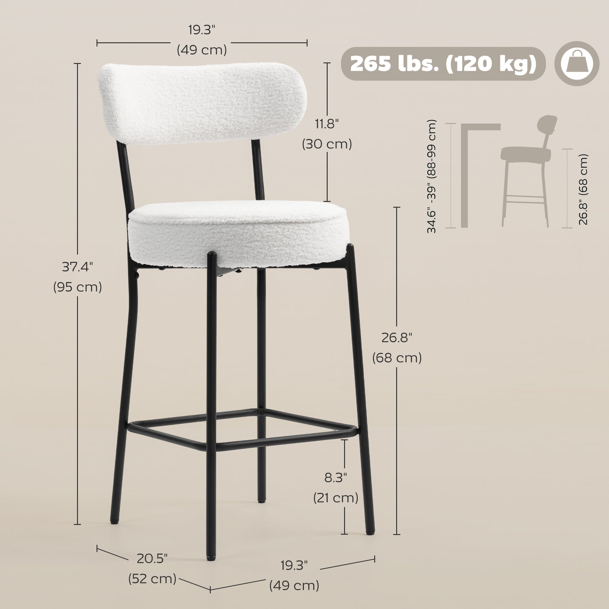 HOMCOM Set of 2 Barstools, Upholstered Bar Stools with Backrest, Footrest for Kitchen Island, Dining Room, Cream White