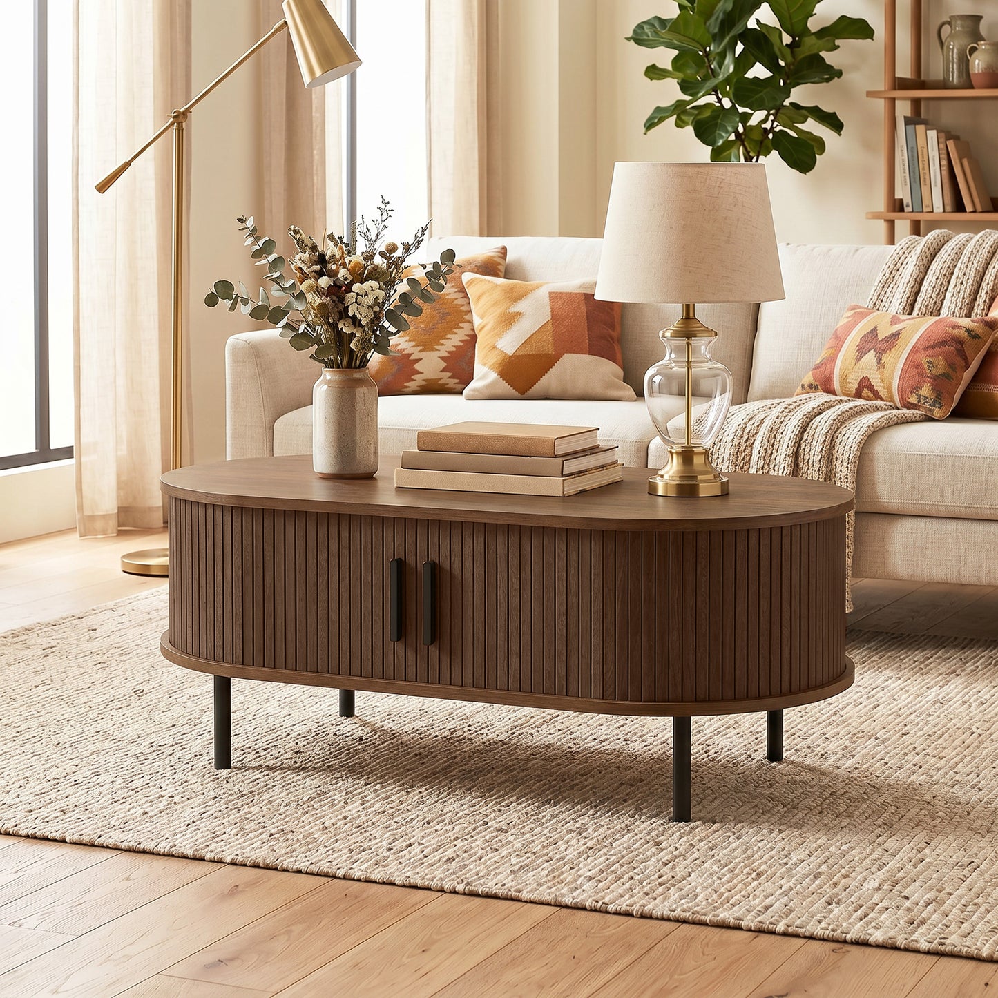 HOMCOM Coffee Table With Sliding Tambour Doors And Storage Center, 39" Brown