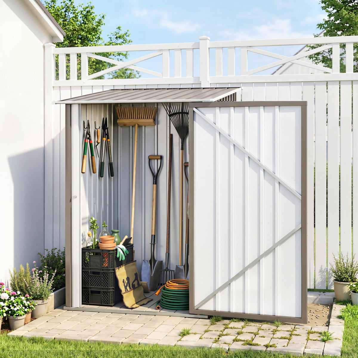 3.3' x 3.4' Lean-to Outdoor Garden Storage Shed, Galvanized Steel with Lockable Door for Patio – Brown And White