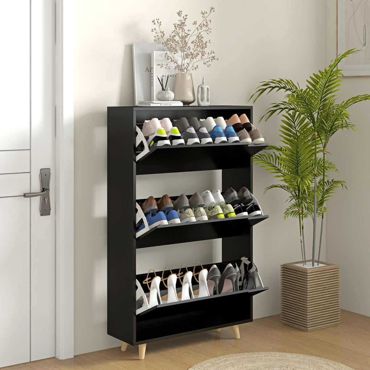 Slim Shoe Storage Cabinet with 3 Flip Drawers – 28"W x 47"H