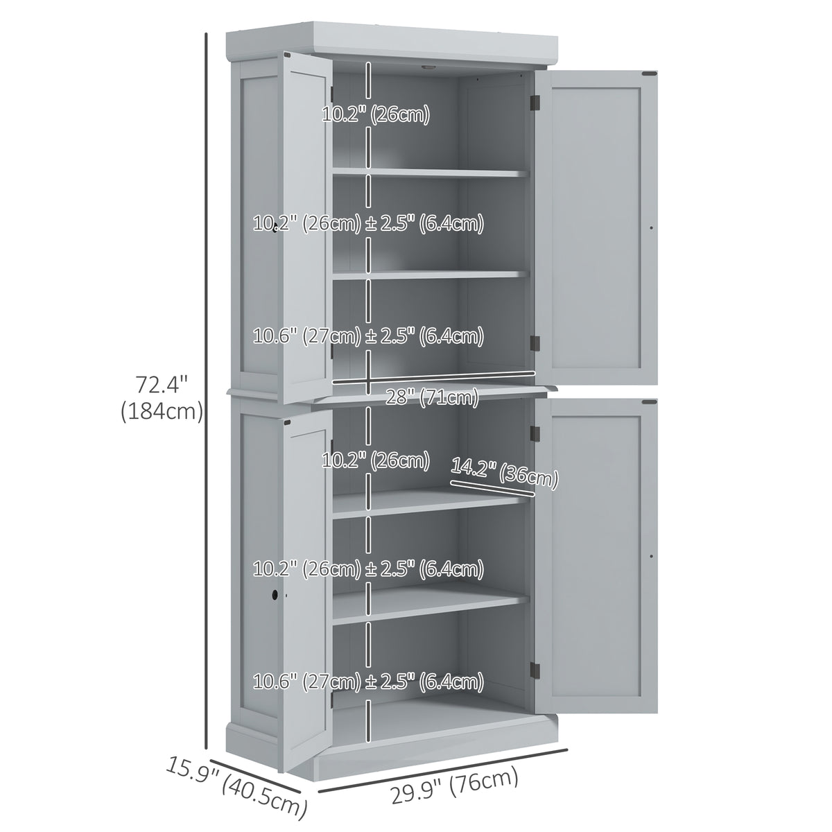 Freestanding Kitchen Pantry Cabinet with 4 Doors – 30"W x 73"H