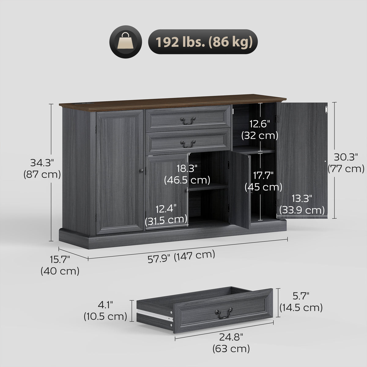 Farmhouse Sideboard with Charging Station and Thickened Top – 58"W x 34"H