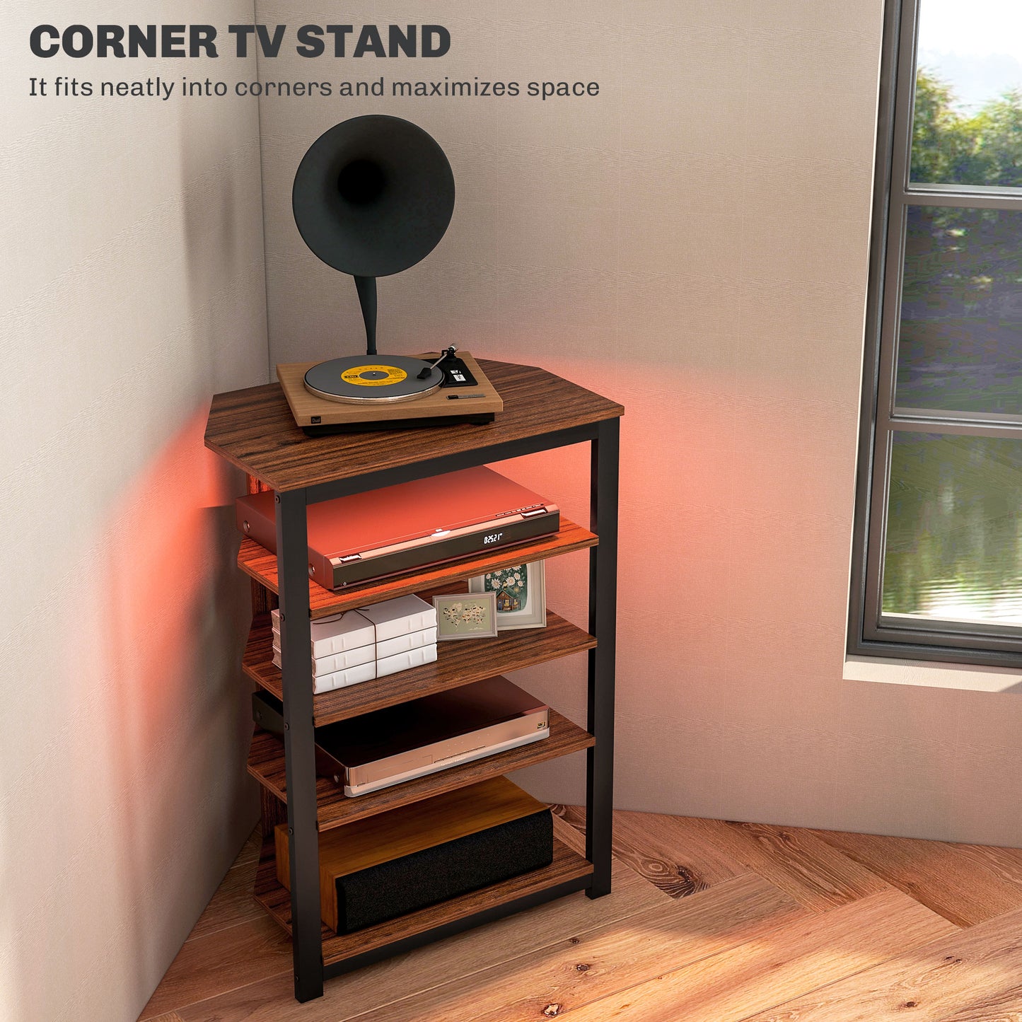 HOMCOM Modern Corner TV Stand, 4-Tier Storage, RGB LED Lights, Small Rooms