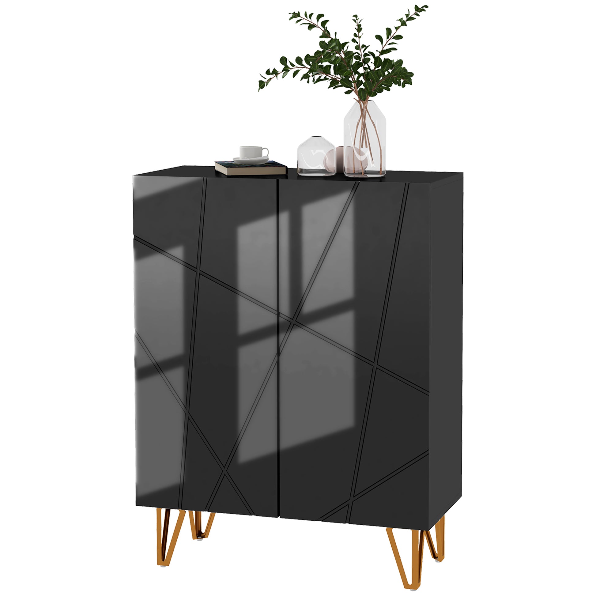 HOMCOM Narrow High-Gloss Black Shoe Storage Cabinet with Soft-Close Hinges