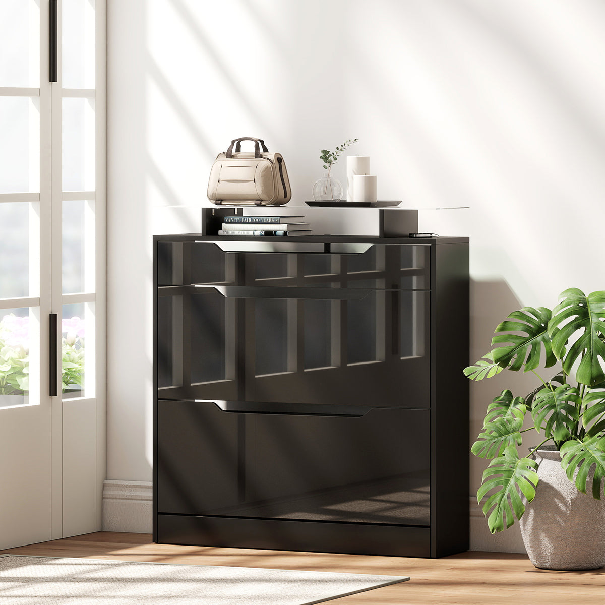 High Gloss Shoe Cabinet with 2 Flip Drawers – 35"W x 38"H