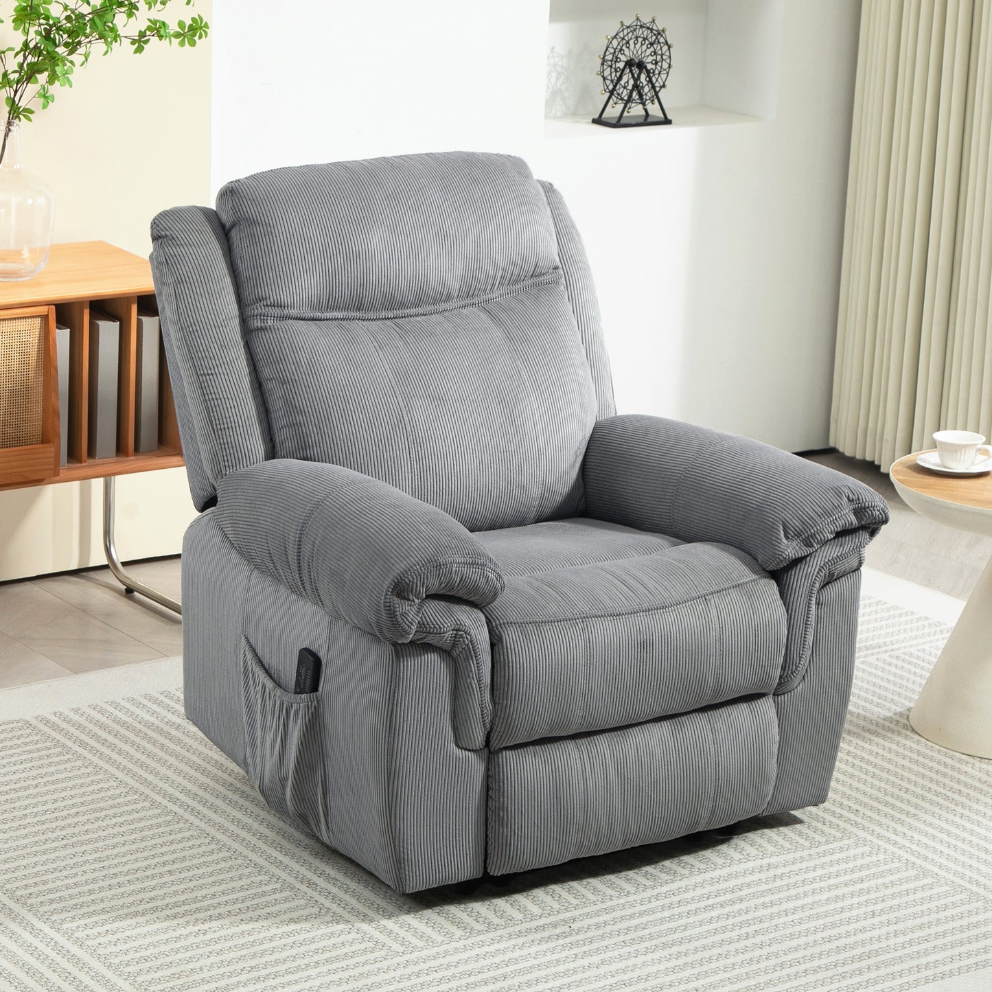 HOMCOM Manual Recliner Chair with Vibration Massage, Side Pockets, Plush Corduroy Fabric, Grey