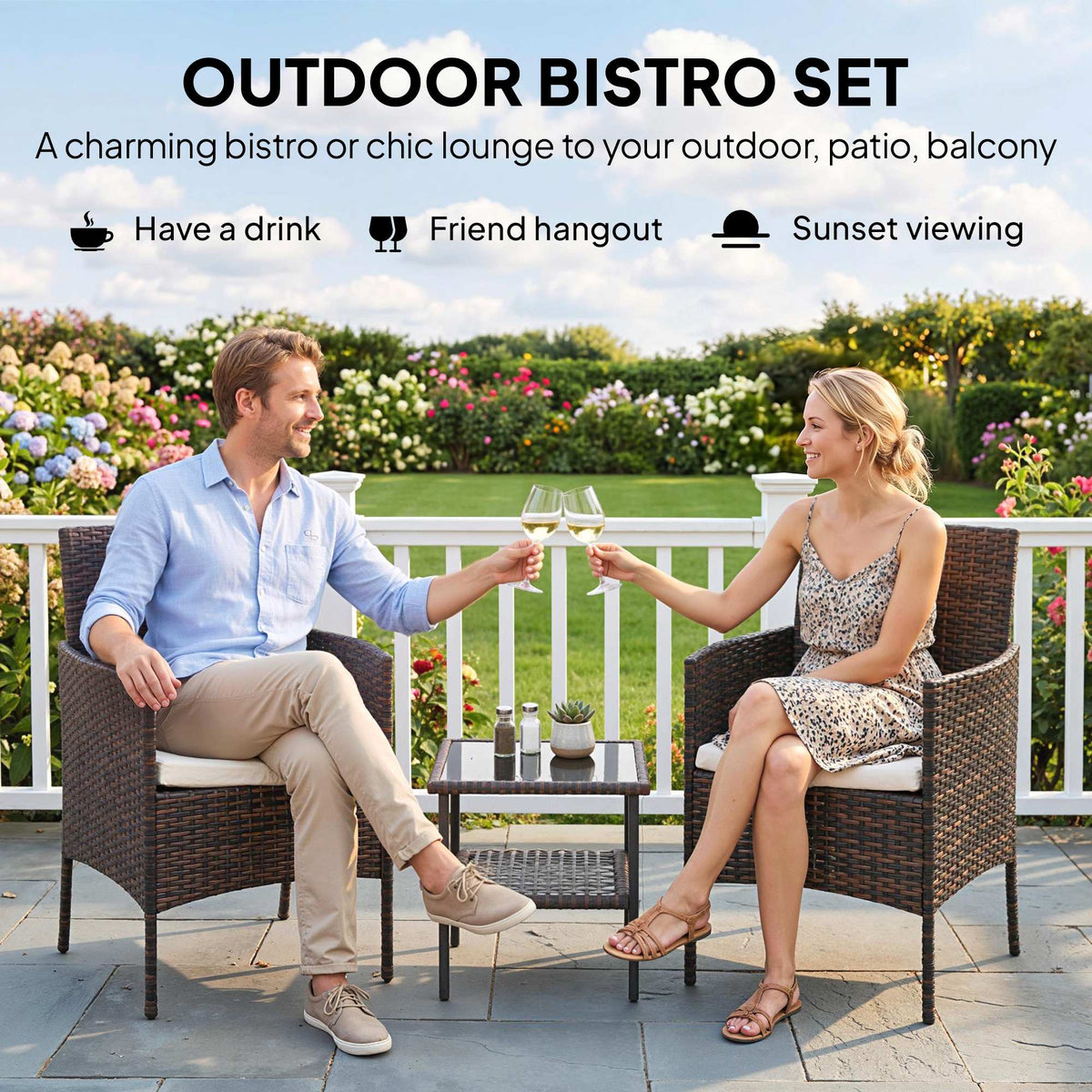 Wicker Bistro Set, 3 Piece Patio Furniture Set with 2-Tier Glass Top Table, Cushions for Balcony, Porch – Khaki – Beige
