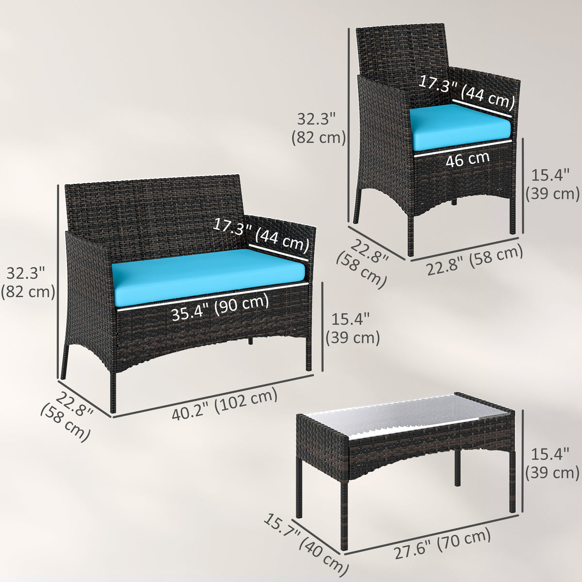 4 Pieces Wicker Outdoor Balcony Furniture Set, Rattan Patio Furniture Set with Loveseat Chairs Glass Coffee Table – Turquoise