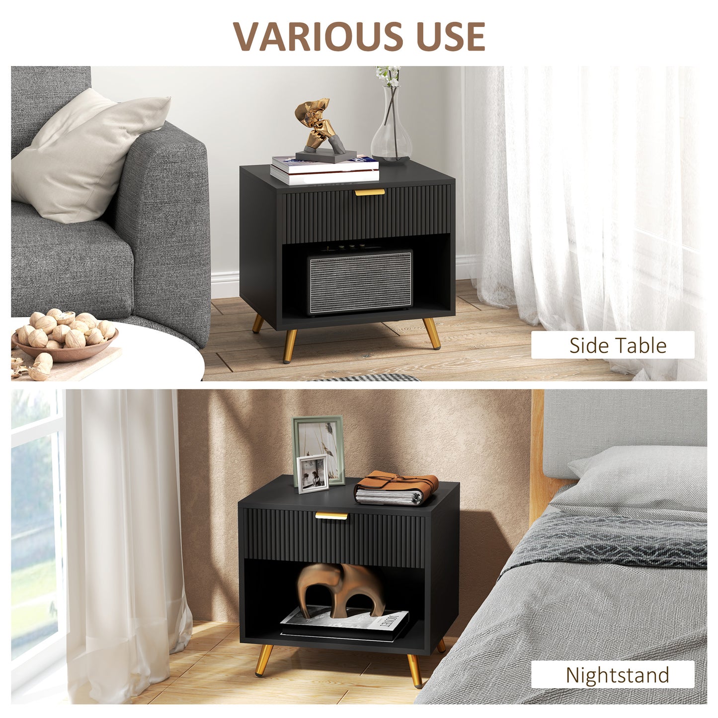 HOMCOM Modern Black Nightstand with Fluted Panel, Drawer & Open Storage for Bedroom