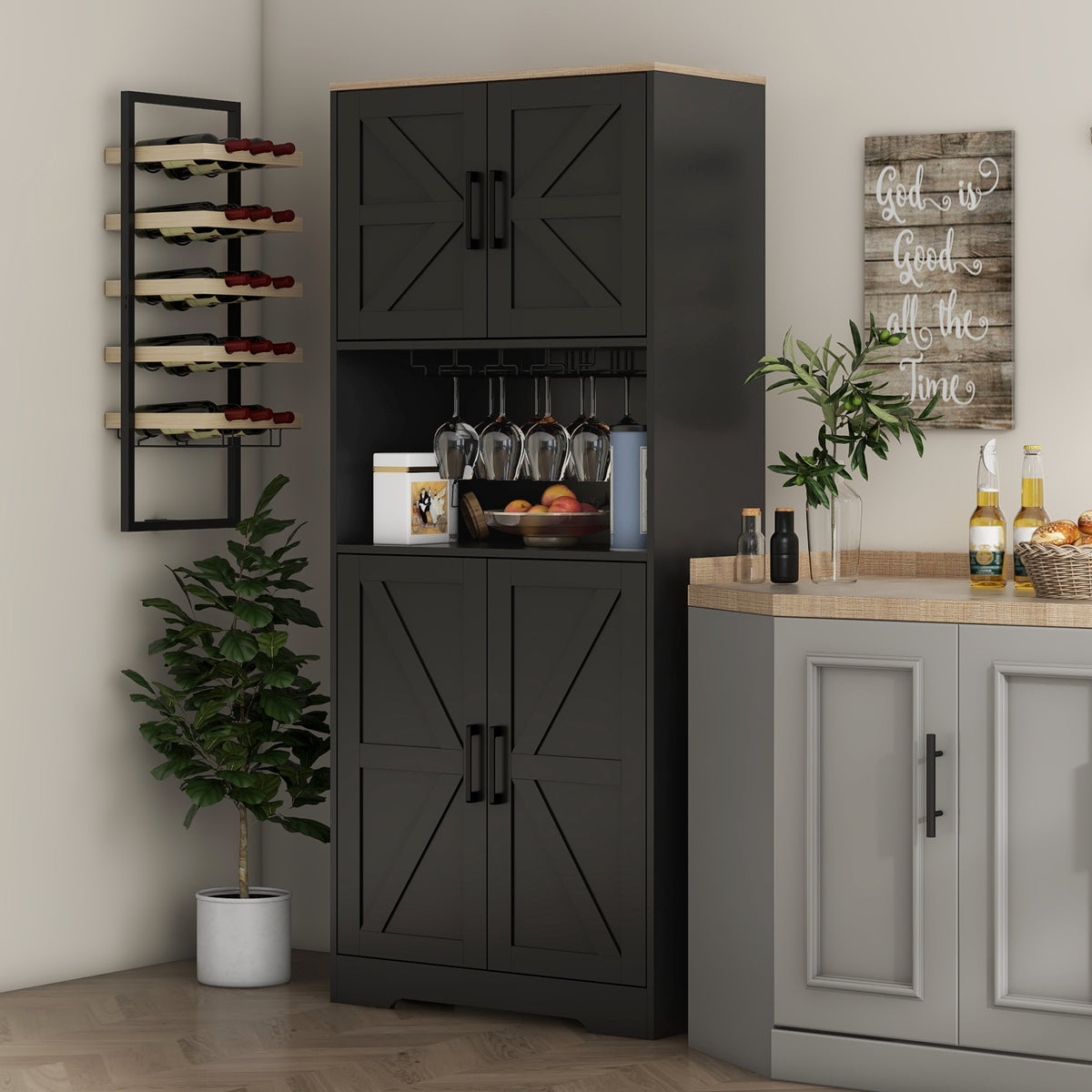 Freestanding Hutch Storage Cabinet with Microwave Oven Countertop – 28"W x 68"H