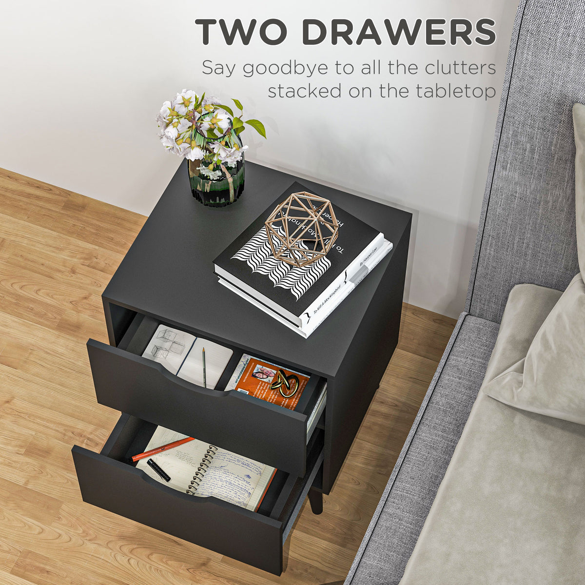 2-Drawer Nightstand with Pine Wood Legs – 16"W x 20"H