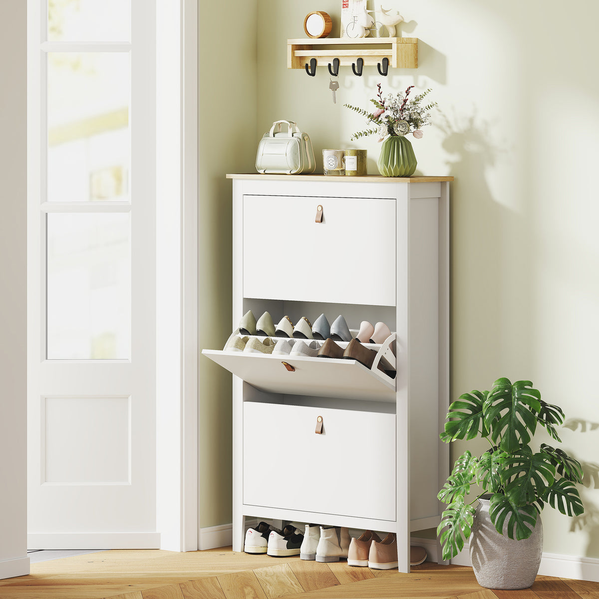 Narrow Shoe Cabinet with 3 Flip Drawers – 31"W x 52"H