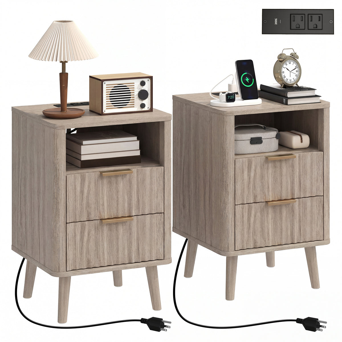 Nightstands with Charging Station, 2 Drawers and Shelf, Set of 2 – 16"W x 24"H